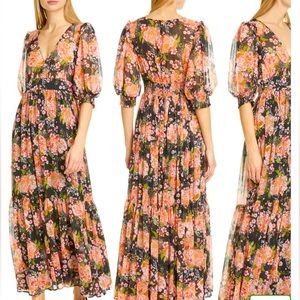 Bytimo Puff Sleeve Floral Chiffon Maxi Dress